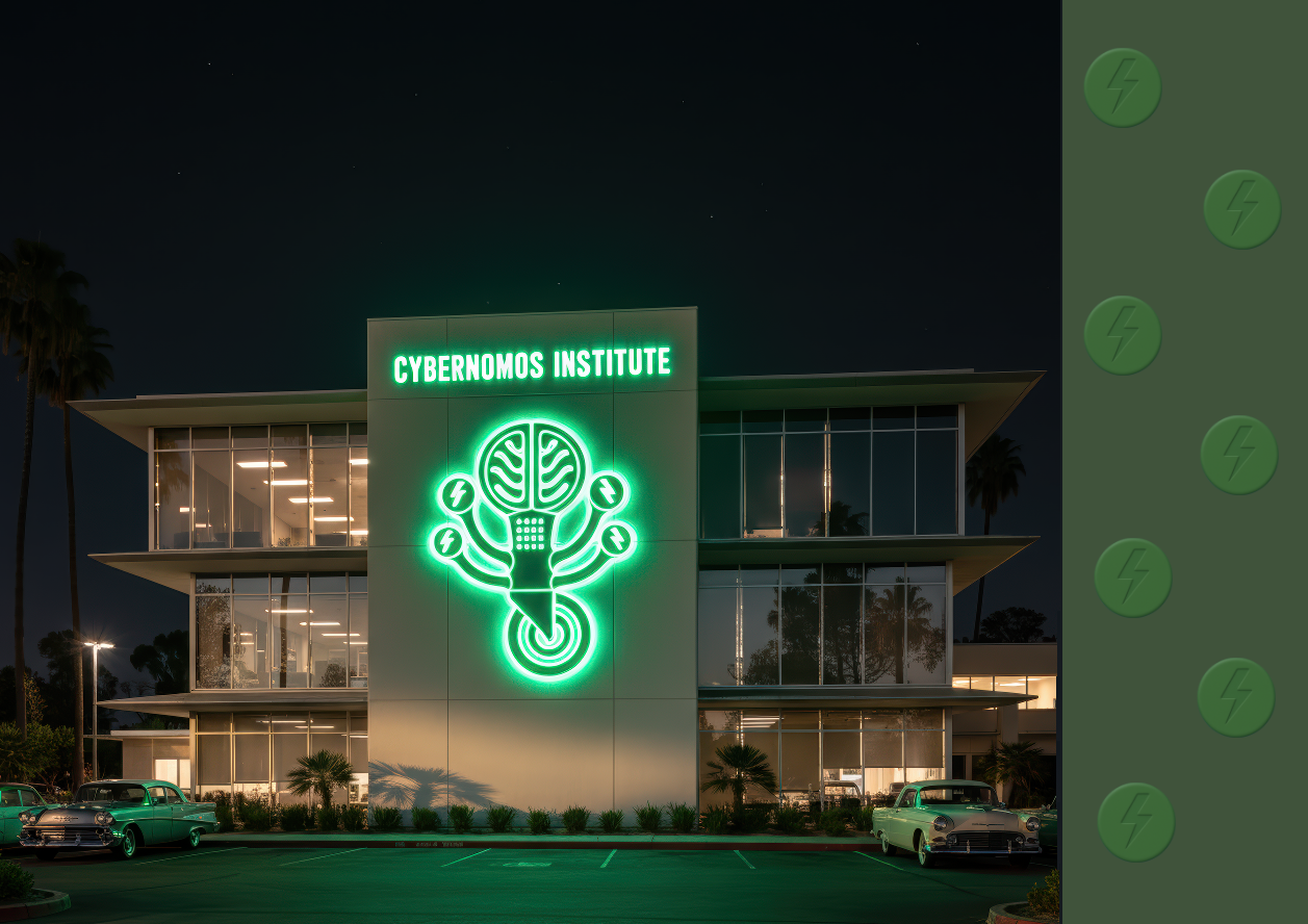Cybernomos Institute at night, with a glowing green sign and emblem, vintage cars, and a green side panel.