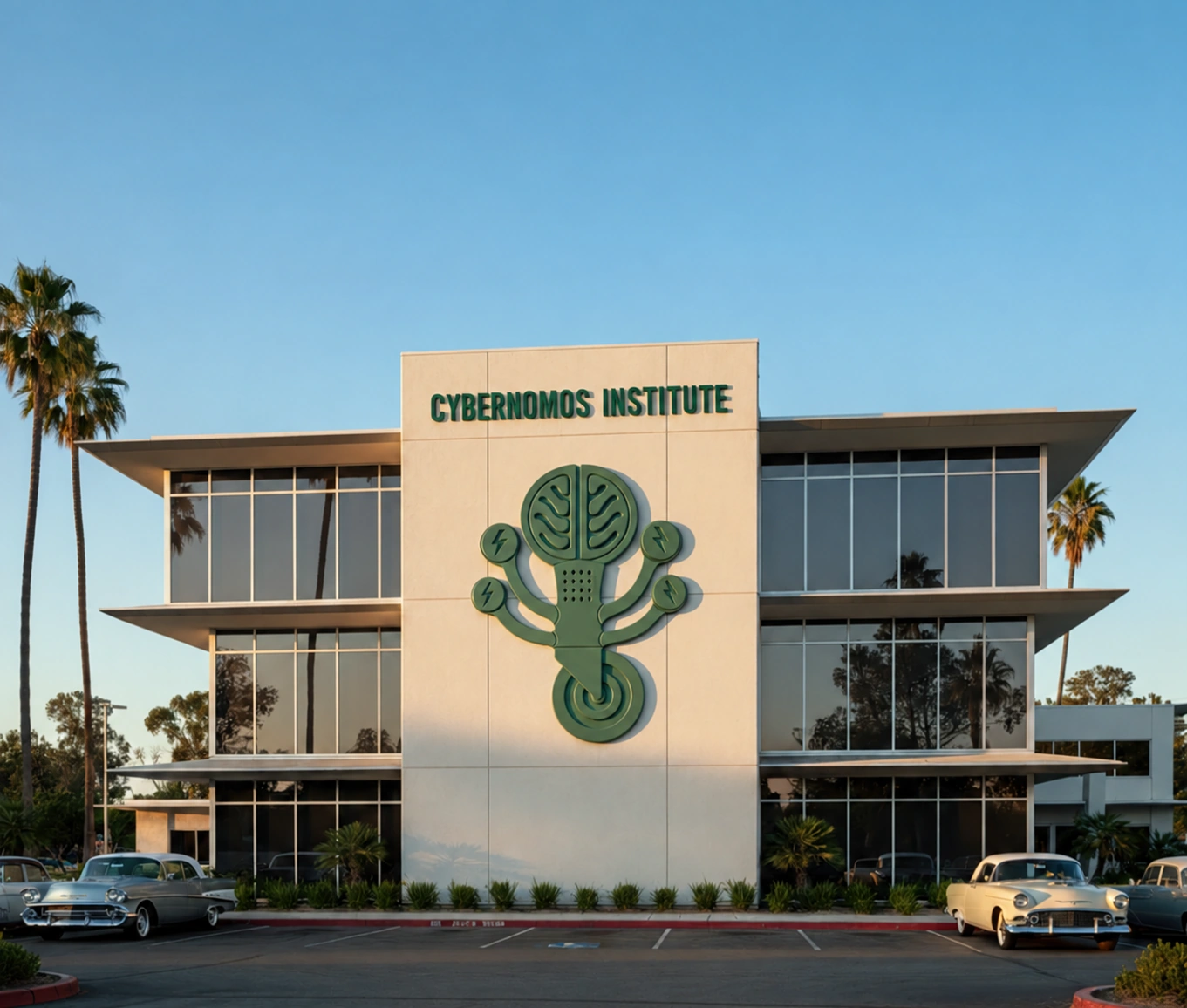 An imagined Cybernomos Institute building with a tree emblem, palm trees and vintage cars beneath a blue sky.