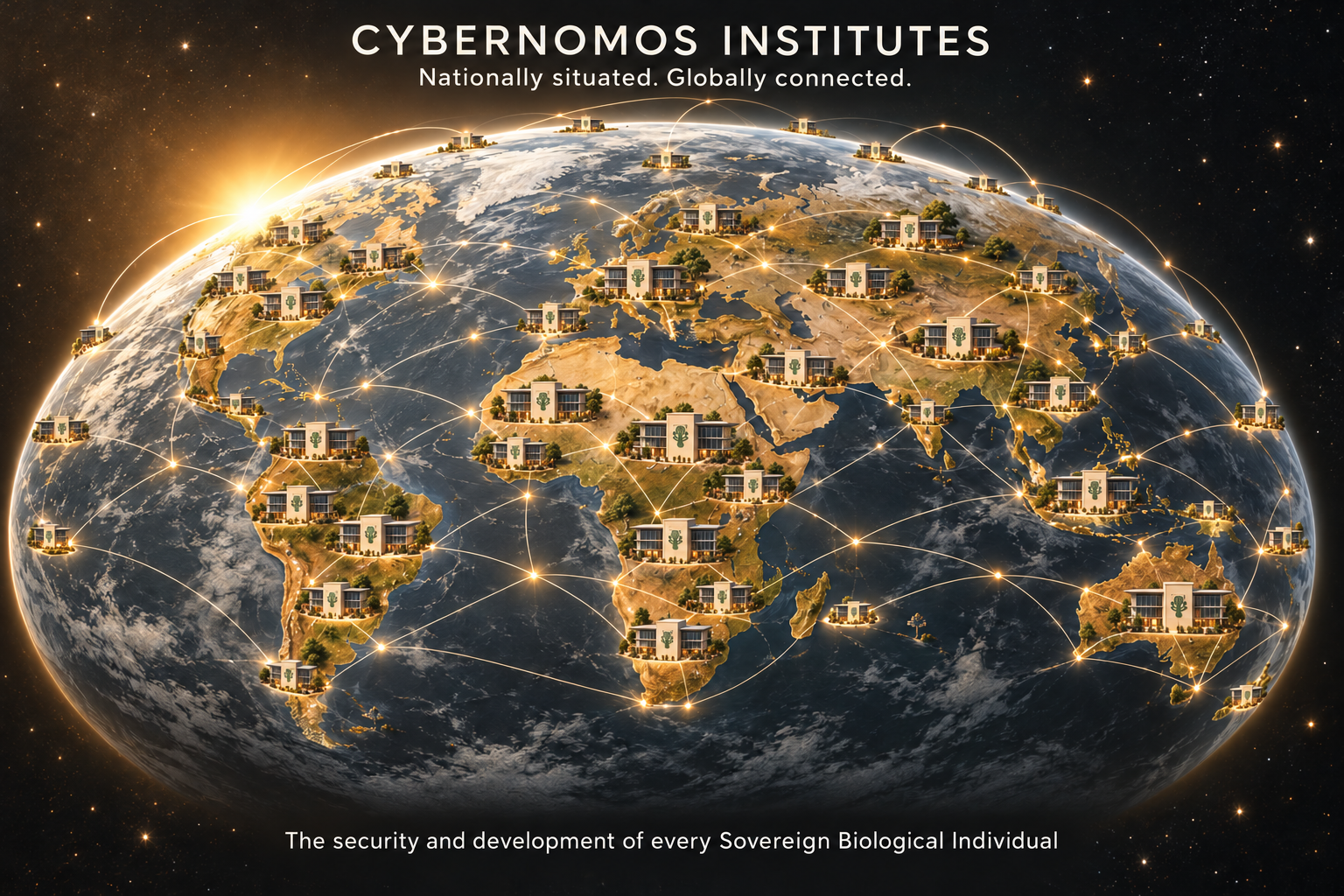 Cybernomos Institutes connected across Earth. Nationally situated. Globally connected. The security and development of every Sovereign Biological Individual.