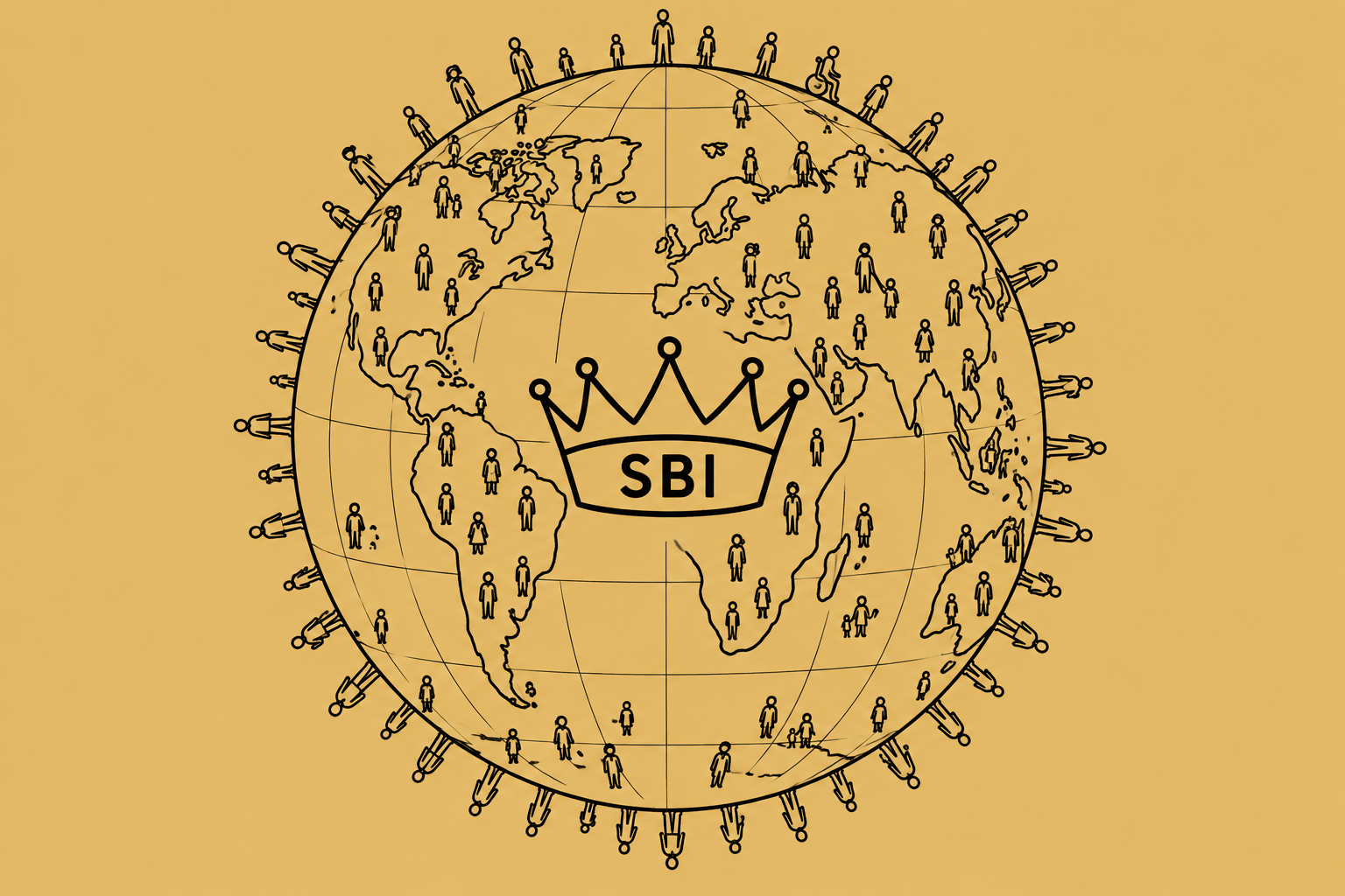 Earth covered with people, with a crown marked SBI at its centre, representing the Sovereign Biological Individual.
