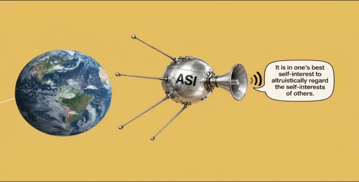 ASI satellite beside Earth broadcasting the principle of altruistic self-interest